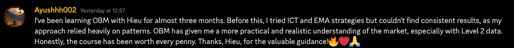 Message from Ayushhh002 about learning OBM for three months after ICT and EMA strategies, and the course being worth every penny.