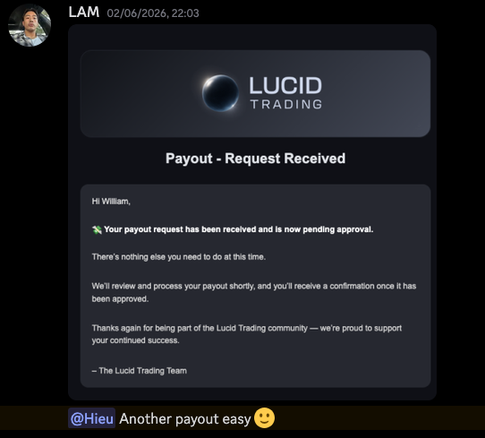 Message from LAM with a Lucid Trading payout request received email.