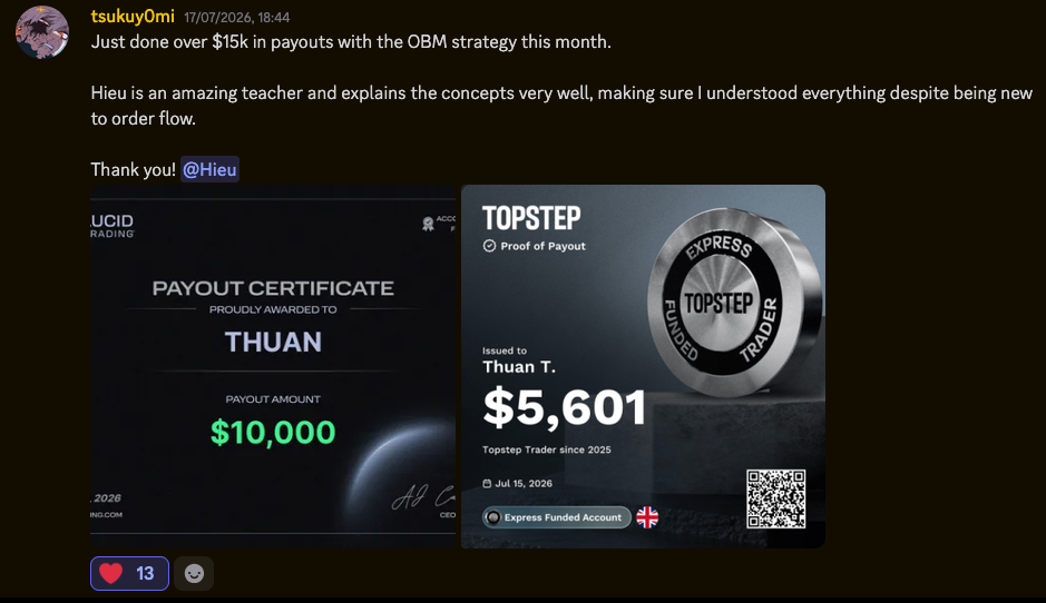 Message from tsukuy0mi about payouts with the OBM strategy, with Lucid and Topstep payout certificates.